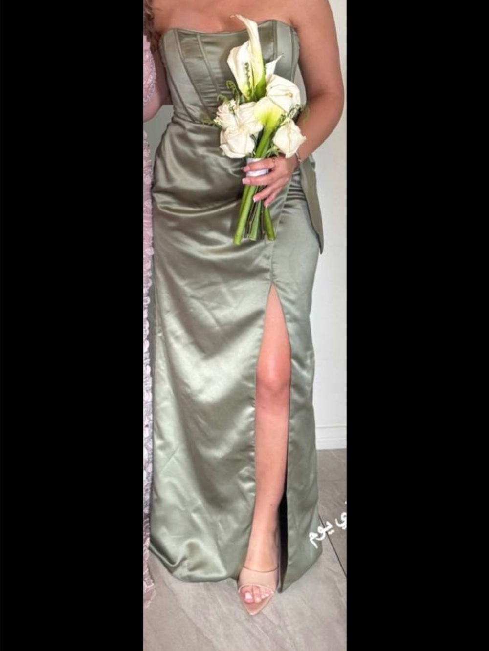 Strapless Satin Evening Gown in Sage Green with Thigh Slit